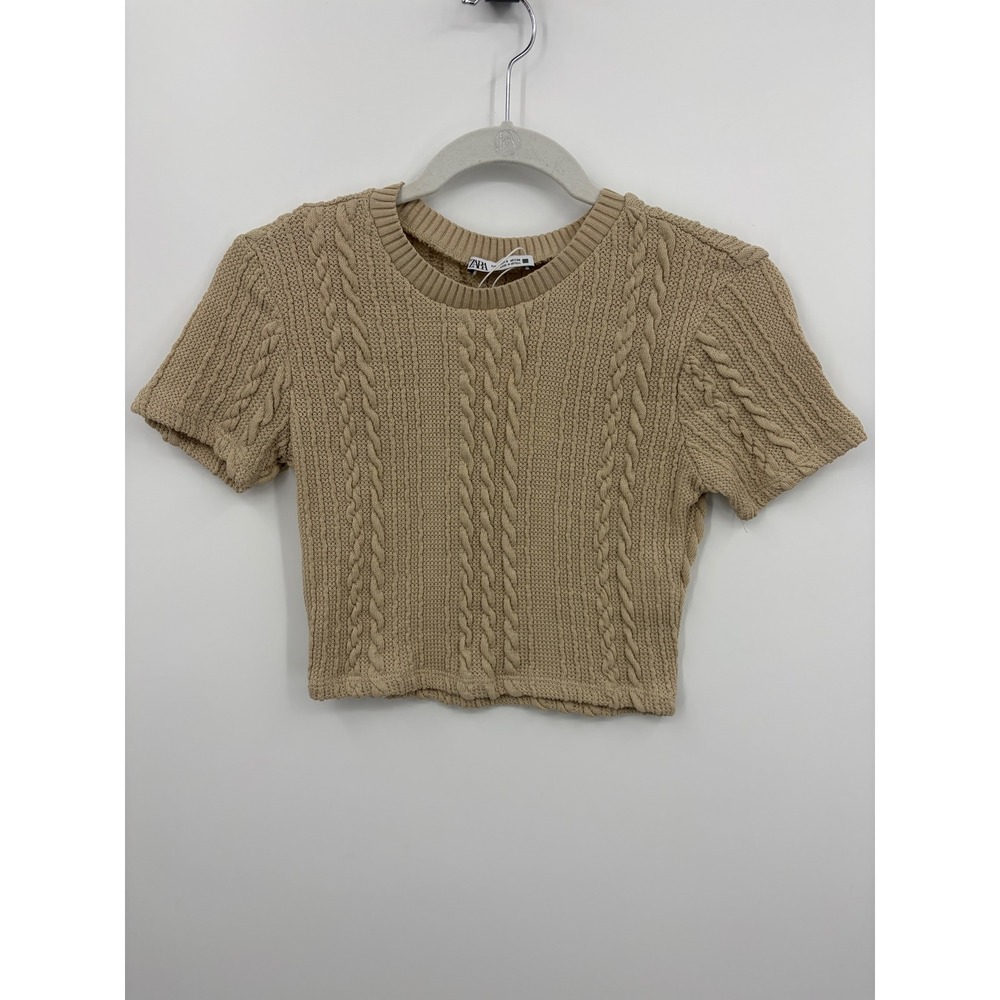 NWT Zara Cable Knit textured Short Sleeve Sweater S Tan Beige Cropped Crew Neck‎